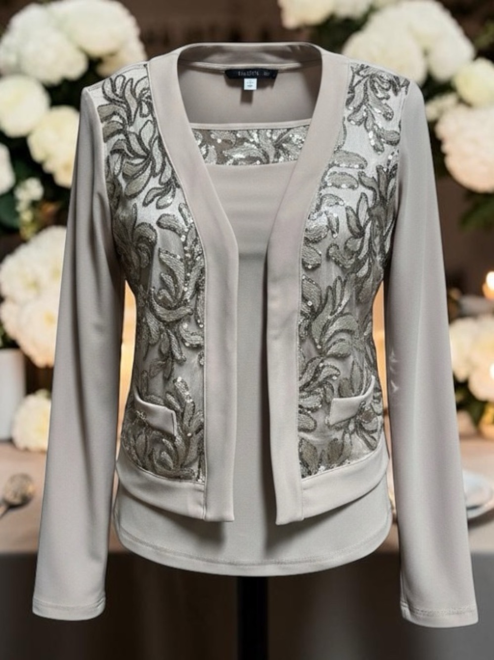 Joseph Ribkoff Taupe Sequin Embroidered Lace 2 Piece Cropped Jacket & Top Sz 8